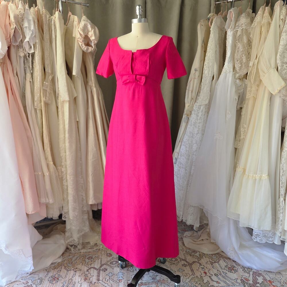 Vintage 60s Emma Domb Pink Maxi Dress Size S 9 Mod MCM Hostess Short Sleeve Bow